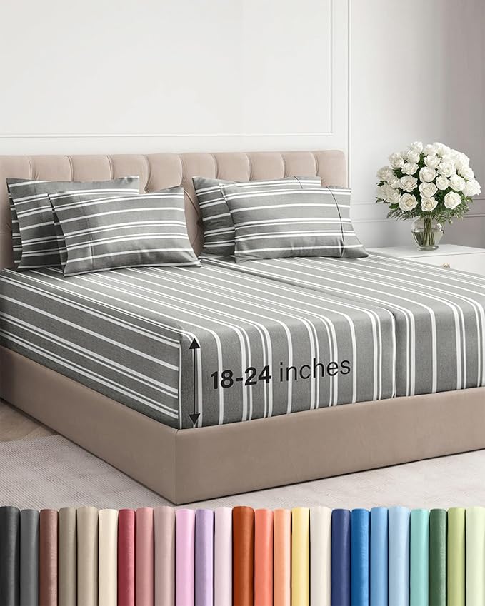 Extra Deep Split King Sheet Set - 7 Piece Breathable and Cooling Sheets - Hotel Luxury Bedding for Women, Men, Kids & Teens - Secure Fit - Soft and Wrinkle Free with Extra Deep Pockets - Grey Stripes