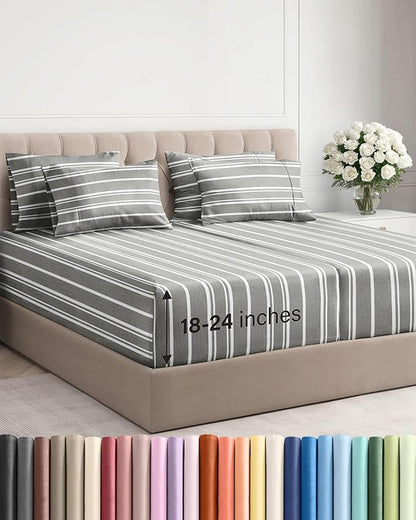 Extra Deep Split King Sheet Set - 7 Piece Breathable and Cooling Sheets - Hotel Luxury Bedding for Women, Men, Kids & Teens - Secure Fit - Soft and Wrinkle Free with Extra Deep Pockets - Grey Stripes