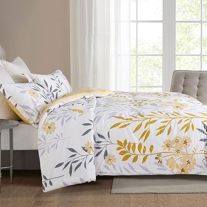 SLEEPBELLA Comforter Queen Size, 600 Thread Count Cotton Grey Branch with Yellow Flower & Grey Leaves Pattern Orange Reversible Comforter Set,Down Alternative Bedding Set 3Pcs(Queen, Yellow Botanical)