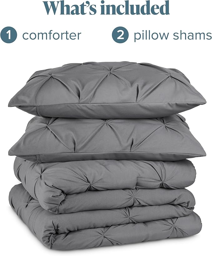 Bare Home Pintuck Pinch Pleat Comforter Set - Down Alternative - Soft, Premium 1800 Series - Bedding for All Seasons, 3 Pieces, 1 Comforter (98”x 116”) and 2 Pillow Shams (Oversized King, Grey)