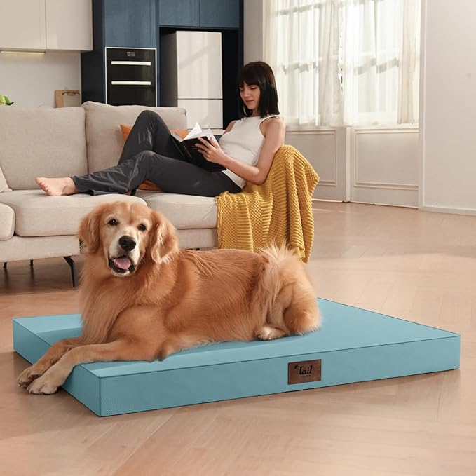 Outdoor Orthopedic Dog Bed for Extra Large Dogs, XL Waterproof Flat Pet Bed 44x32 Inch, Egg Crate Foam with Removable Washable Oxford Cooling Cover, Light Blue