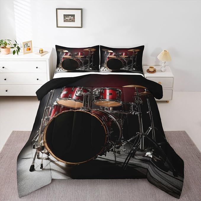 Erosebridal Drum Kit Comforter Set Full Size Rock Music Theme Duvet Set for Kids Boys Girls Teens Musical Instrument Bedding Set Red Black Drum Kit Hip Hop Quilt Set for Decor Gift