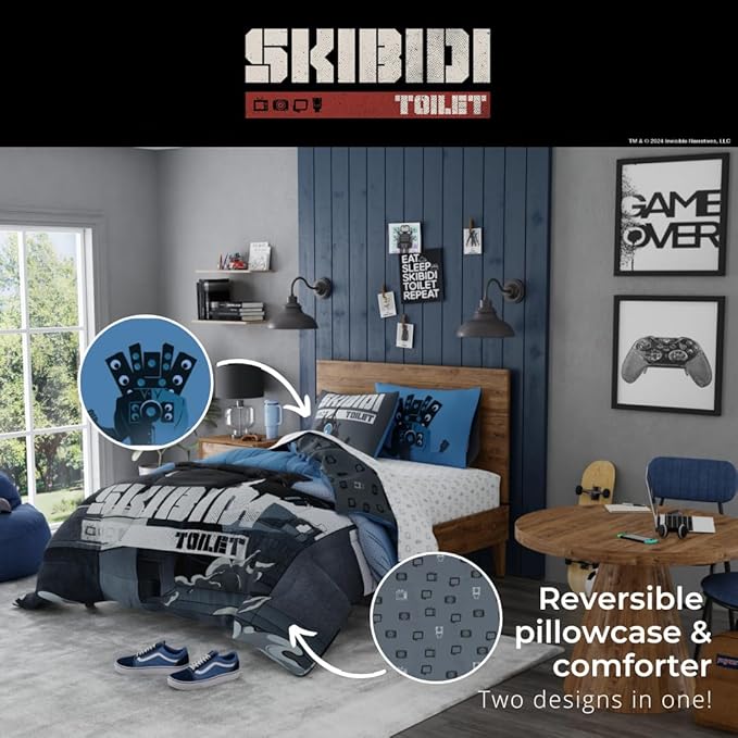 Skibidi Toilet Gamer Bedding 5 Piece Super Soft Reversible Comforter and Sheet Set Full, (Officially Licensed Product) by Franco