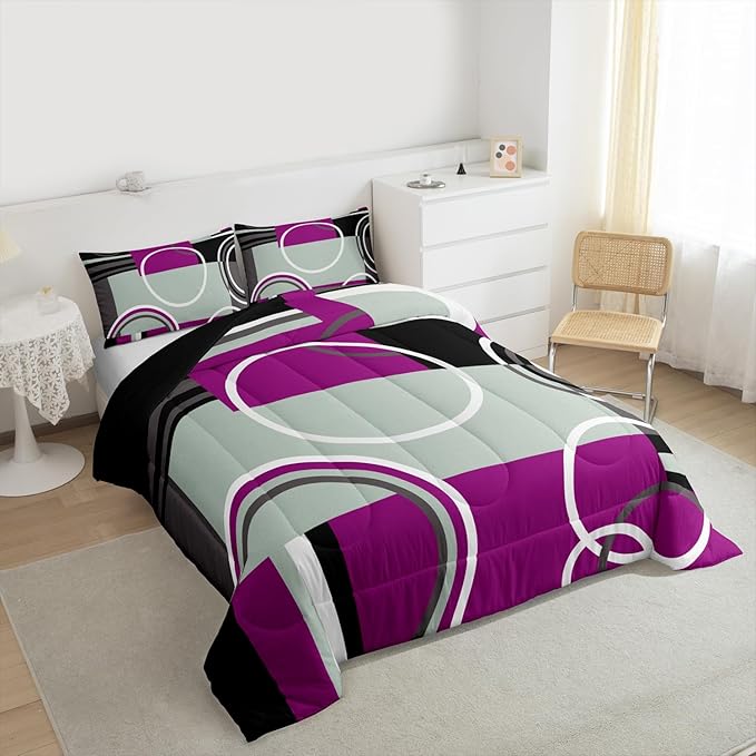 Erosebridal Modern Purple Black Gray Bedding Sets Full Geometric Circles Swirls Comforter Abstract Striped Quilted Duvet Chic Plaid Checkered Duvet Insert Stylish Texture Down Comforter All Season