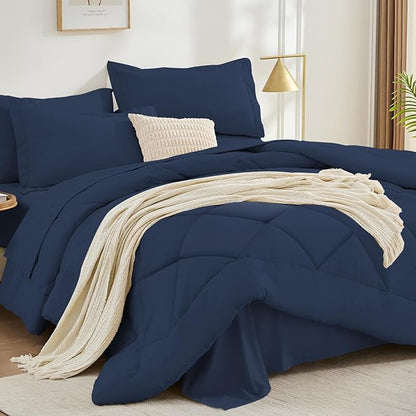 FUANNA 7 Pieces Full Size Comforter Sets, All Season Bedding Sets Full Size, Luxury Soft Bed in a Bag with Comforter, Flat Sheet, Fitted Sheet, Pillowcases & Pillow Shams, Navy Blue