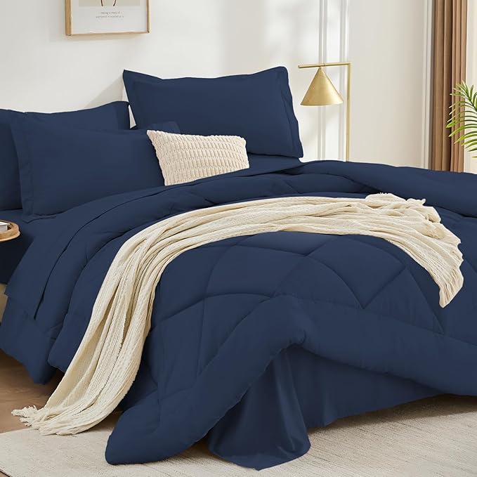 FUANNA 5 Pieces Twin Comforter Set, All Season Bed in a Bag Twin Size, Luxury Soft Bedding Sets with Comforter, Flat Sheet, Fitted Sheet, Pillowcase & Pillow Sham, Navy Blue