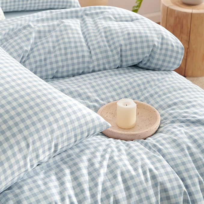 Nayoroom Gingham Comforter Set Queen Size Blue Plaid Checkered Comforter 3 Pieces Soft Lightweight Grid Dorm Bedding Set for All Seasons (1 Comforter, 2 Pillowcases)