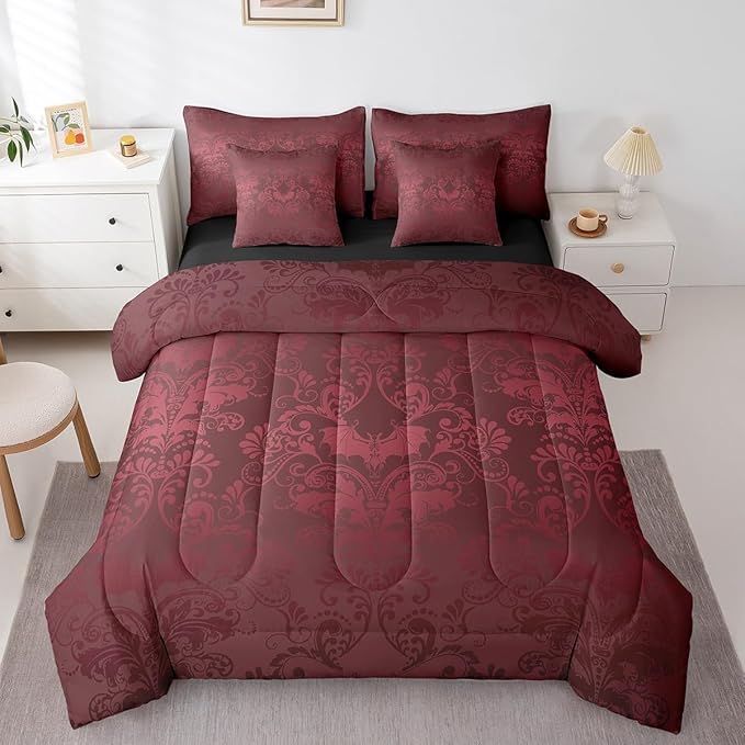 Erosebridal Gothic Damask Comforter Set 7 Piece Bed in a Bag Twin,Halloween Bat Bedding Sets Red Victorian Floral Goth Sheet Set with Comforter