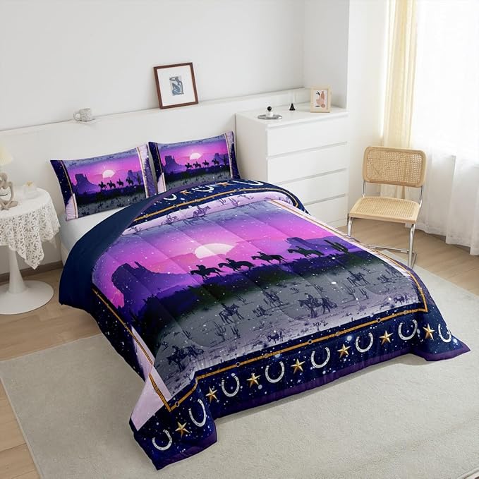 Feelyou Purple Western Decor Comforter Queen Size Wild Western Cowboy Comforter Set for Boys Girls Children Horse Setting Sun Glitter Bedding Set Room Decor Horseshoes West Texas Star Duvet Set 3Pcs