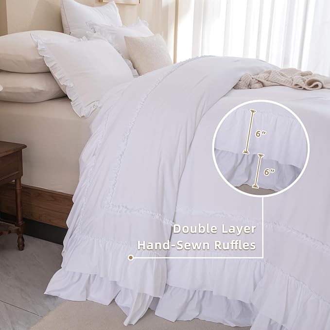 QSH Oversized King Comforter Set 120x120, White Farmhouse Ruffled Bed Comforter Shabby French Country Rustic Vintage Bedding Comforter Microfiber Soft Lightweight Fluffy Bedding 3 PCs