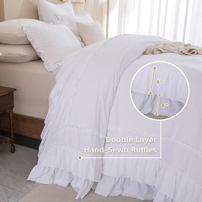 QSH White Oversized California King Ruffle Bed Comforter Set 128x120, Farmhouse Shabby Vintage Ruffled Comforter French Country Rustic Bedding Comforter Microfiber Fluffy Soft Bedding 3 PCs