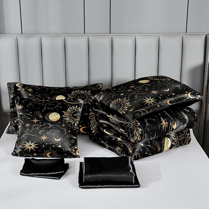 Sun and Moon Comforter Set Gray Satin Bedding Queen Stars Cloud Galaxy Comforter Mysterious Celestial Theme Silk Like Silky Bed in A Bag with Comforter and Sheets