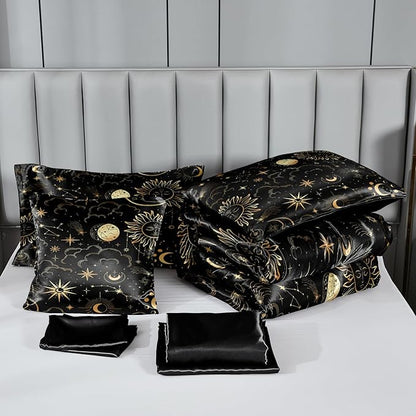 Sun and Moon Comforter Set Gray Satin Bedding Queen Stars Cloud Galaxy Comforter Mysterious Celestial Theme Silk Like Silky Bed in A Bag with Comforter and Sheets