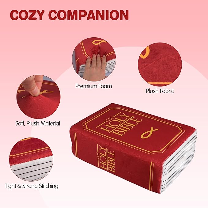 Bible Pillow Book Plush That Opens, Cozy Faith Bible Plushies, for Kids Adults Christian Gifts, Decoration for Bedrooms, Living Rooms (Red)