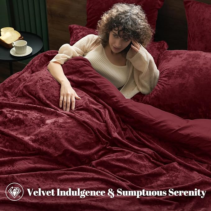 PHF Crushed Velvet Comforter Set King Size, 5-Piece Luxury Winter Bedding Sets with 2 Euro Shams, Heavyweight Warm Fluffy Velvet Bed Spread, Glam Home Decor, Wine Red/Burgundy