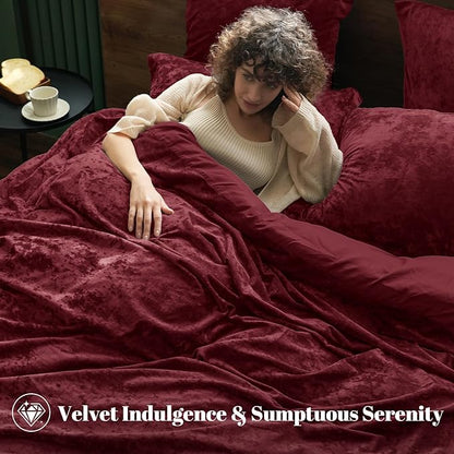 PHF Crushed Velvet Comforter Set King Size, 5-Piece Luxury Winter Bedding Sets with 2 Euro Shams, Heavyweight Warm Fluffy Velvet Bed Spread, Glam Home Decor, Wine Red/Burgundy