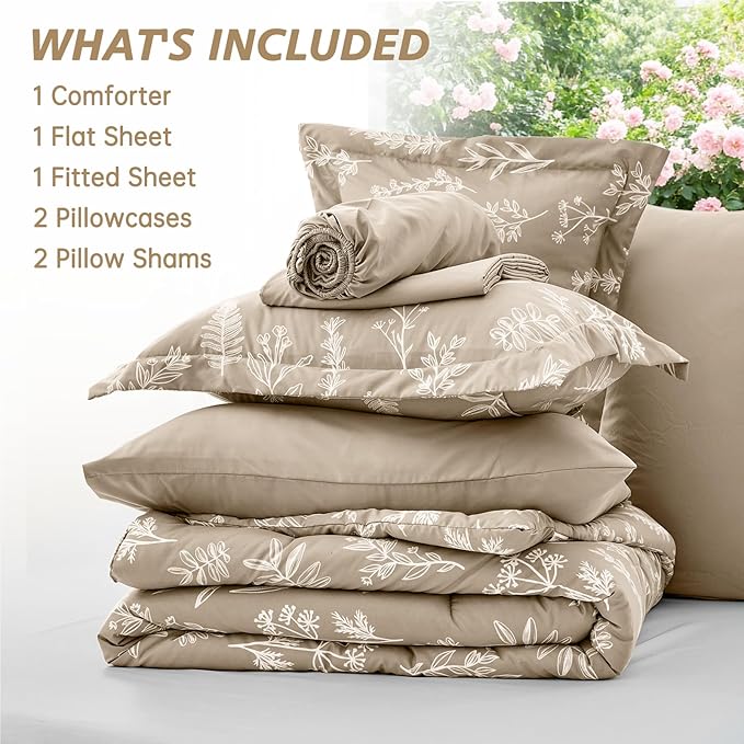 MUXHOMO Taupe Bed in a Bag Queen 7 Pieces, Queen Comforter Set Reversible Botanical Flowers Design, Ultra Soft & Breathable Bedding Sets with Comforter, Sheets, Pillowcases & Shams