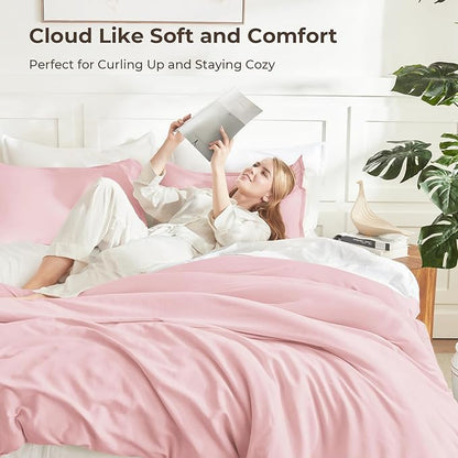 Litanika Pink Comforter Set Queen Size, 3 Pieces Lightweight Soft Fluffy Solid Bedding Set, All Season Bed Set (90x90In Comforter & 2 Pillowcases)