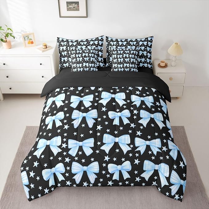 Erosebridal Bow Girls Black Blue Cute King 7-Piece Comforter Set | Dreamy Y2K Sheets and Pillowcases Bowknot Kawaii Bed in A Bag Starry Princess Bed Sets