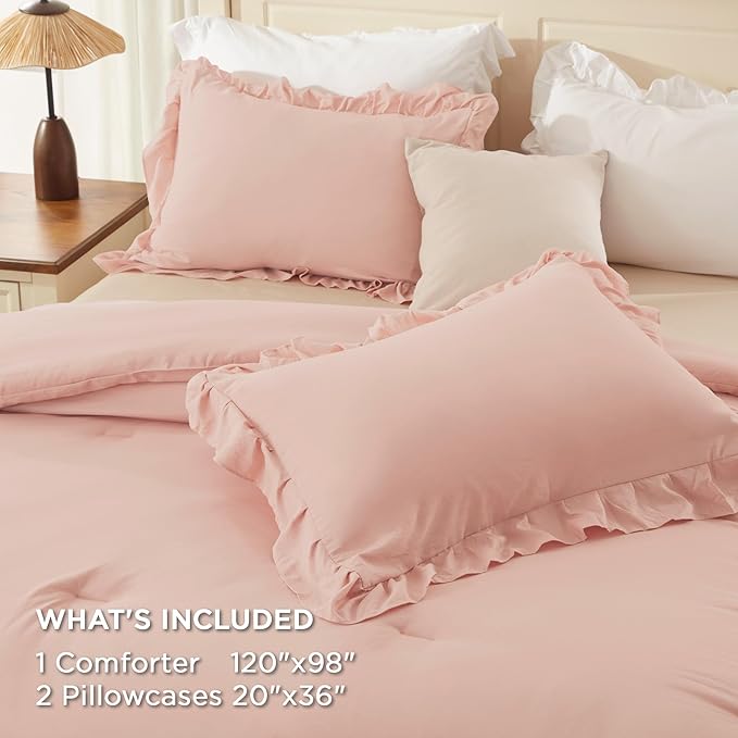 Andency Oversized King Ruffle Comforter Set, 3 Pieces Shabby Chic Farmhouse Bedding Set, Lightweight Soft Comforter Set 120x98 for Girls Women (1 Comforter 2 Pillowcases), Blush
