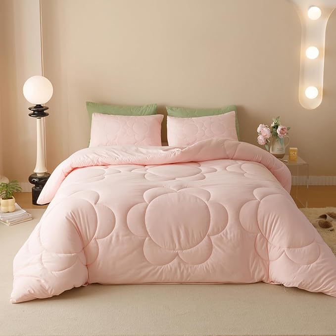 Luxlovery Pink Floral Comforter Set King Boho Light Pink Sunflower Quilts Blush Pink Bedding Comforter Set Rustic Plain Color Soft Breathable Cozy Comforter Women Girls