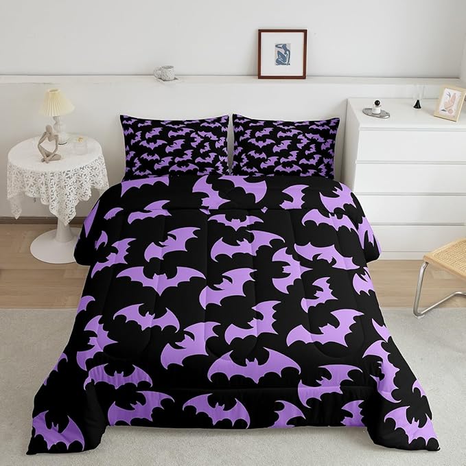 Erosebridal Purple Bat Bedding Set Full Size Halloween Bat Comforter Set Spooky Goth Gothic Animal Bed Sets Horror Halloween Duvet Quilt Sets for Kids Teens Adults
