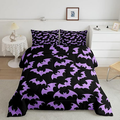 Erosebridal Purple Bat Bedding Set Full Size Halloween Bat Comforter Set Spooky Goth Gothic Animal Bed Sets Horror Halloween Duvet Quilt Sets for Kids Teens Adults