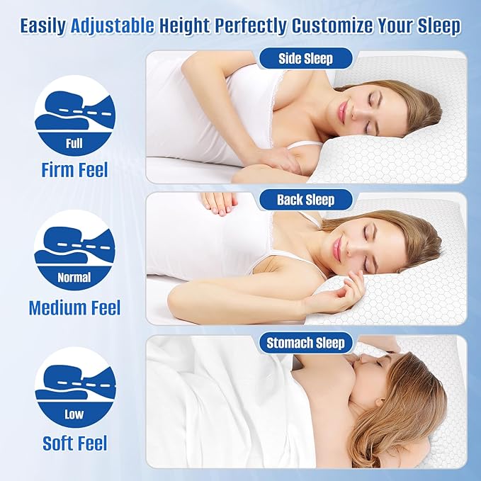 Shredded Memory Foam Pillow for Sleeping, Cooling Bed Pillows Set of 2, Adjustable Pillows for Side, Back, Stomach Sleepers with Washable Pillowcase (King Size, Grey)