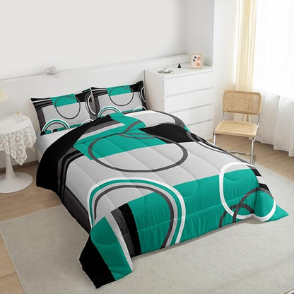 Modern Circles Swirls Bedding King Size Geometric Spiral Square Comforter Set Green Black Grey Bedding Sets Abstract Gromment Plaid Quilted Duvet Chic Graphic Texture Artwork Down Comforter, 3Pcs