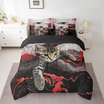 Erosebridal Red Marble Bedding Set 7 Pieces Watercolor Marble Ink Fluid Bed in A Bag Luxury Modern Marbling Cat Comforter Sets with Sheets, Retro Artwork Style Aesthetic Bed Set(Red, Twin)
