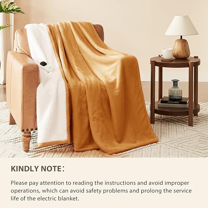 Homemate Heated Blanket Electric Throw - 50"x60" Heating Blanket Throw 1/2/4/6/8 Hours Auto-Off 10 Heat Level Over-Heat Protection Flannel Sherpa ETL Certification