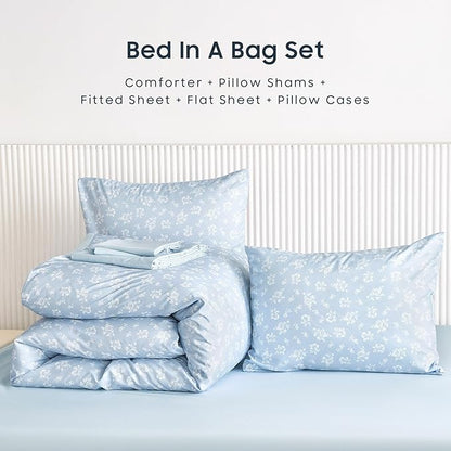 Wake In Cloud - Floral Comforter Set with Sheets, Coquette Cottagecore Aesthetic Flower Shabby Chic Pattern for Women Teen Girls, 7 Pieces Bed in a Bag, Light Blue, Queen Size