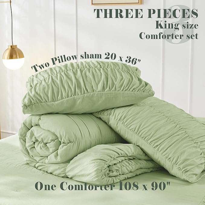 Bonlino King Size Comforter Set Bedding - Ruched Sage Green Comforter King Bed Set Boho Shabby Chic Bedding for Bedroom Comforter Fluffy 3 Piece Ruffle Comforter Set Green Luxury Bedding