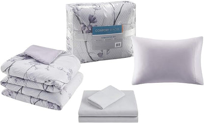 Comfort Spaces Bed in A Bag - Trendy Casual Design Cozy Comforter with Complete Sheet Set with Side Pocket, All Season Cover, Matching Shams Twin(66"x90"), Kate, Grey/Purple 6 Piece