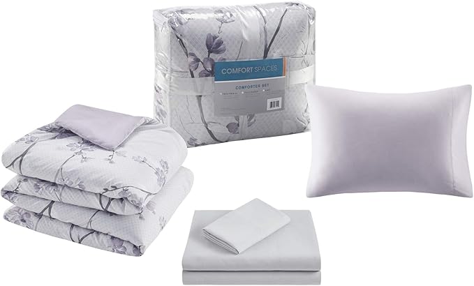 Comfort Spaces Bed in A Bag - Trendy Casual Design Cozy Comforter with Complete Sheet Set with Side Pocket, All Season Cover, Matching Shams Twin XL(66 in x 90 in), Kate, Grey/Purple 6 Piece