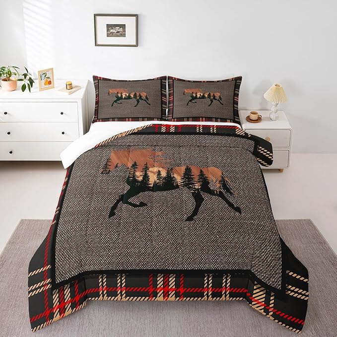 Erosebridal Horse Comforter Set,Rustic Western Cowboy Bedding Set for Teens Kids Adult,Farmhouse Nature Wildlife Bedding Western Room Decor,Plaid Down Comforter,Orange Grey Duvet Set,Queen