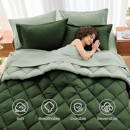 MUXHOMO 7 Pieces King Comforter Set, Reversible Bed in a Bag King Size, All Season Bedding Set with Comforter, Flat Sheet, Fitted Sheet, Pillowcases & Shams, Dark Green & Light Green