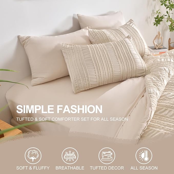 Beige Tufted Comforter Set King Size 7 Piece Bed in a Bag，Shabby Chic Boho Bedding for Bedroom Comforter，All Season Soft Microfiber Ruffle Comforter Set with Pillow and Sheets