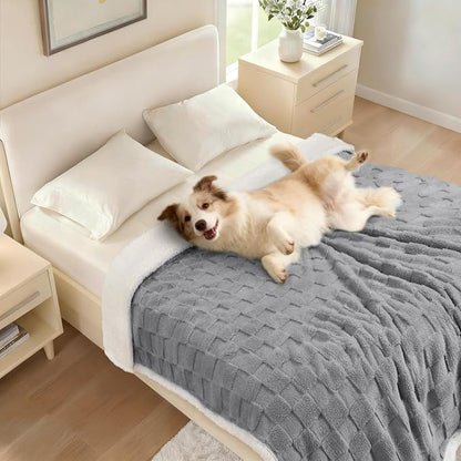 Luciphia Waterproof Dog Blanket for Medium Dogs Washable Soft Sherpa Fleece Cat Blankets with 3D Jacquard Cozy Calming Reversible Couch Protector Furniture Protection for Pet, Gray White, 57x40 inch