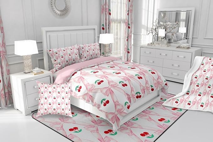 Erosebridal Cherry Bow Comforter Set for Girls,Cute Kawaii Bowknot Twin Bedding Set for Kids Teen Women,Pink Girly Bow Down Comforter Geometric Ribbon Bow Bed Set