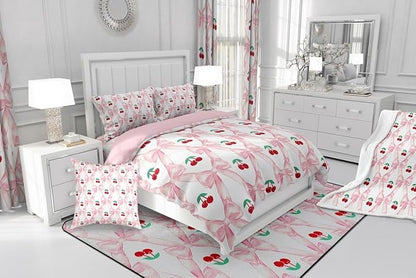 Erosebridal Cherry Bow Comforter Set for Girls,Cute Kawaii Bowknot Twin Bedding Set for Kids Teen Women,Pink Girly Bow Down Comforter Geometric Ribbon Bow Bed Set