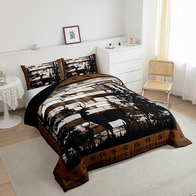 Feelyou Rustic Deer Bedding Set Wild Animals Hunt Comforter Set for Kids Boys Girls Brown Wooden Comforter Paw Print Quilt Set Bedroom Collection 3Pcs Queen Size