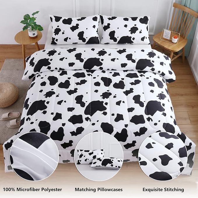 PERFEMET Cow Print Twin Comforter Set for Boys 3 Pieces Black White Teen Boy Bedding Sets Reversible Plaid Kids Bed Set for Teens Girls (Twin, Black and White)