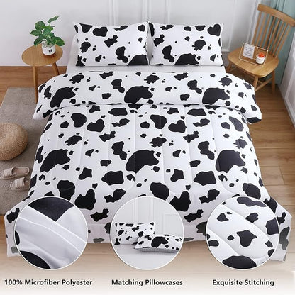 PERFEMET Cow Print Twin Comforter Set for Boys 3 Pieces Black White Teen Boy Bedding Sets Reversible Plaid Kids Bed Set for Teens Girls (Twin, Black and White)