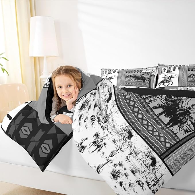 Feelyou Kids Grey Western Aztec Comforter Set Queen Size Horse Bedding Set for Boys Girls Teens Bedroom Decor Wild Cowboy Boho Boho Rustic Farmhouse Tribal Duvet Quilt Breathable Soft 3Pcs