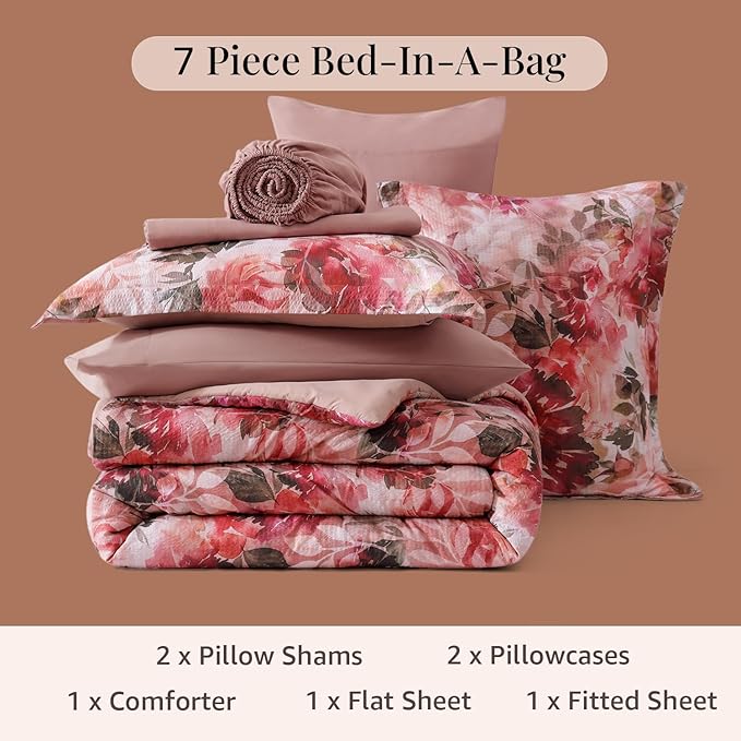 CASAAGUSTO Full Comforter Set, 7 PCS Red Rose Floral Comforter Set with Flowers Leaves Pattern, Soft Seersucker Design All Season Full Size Bedding Set(80"X90")