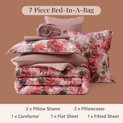 CASAAGUSTO Full Comforter Set, 7 PCS Red Rose Floral Comforter Set with Flowers Leaves Pattern, Soft Seersucker Design All Season Full Size Bedding Set(80"X90")