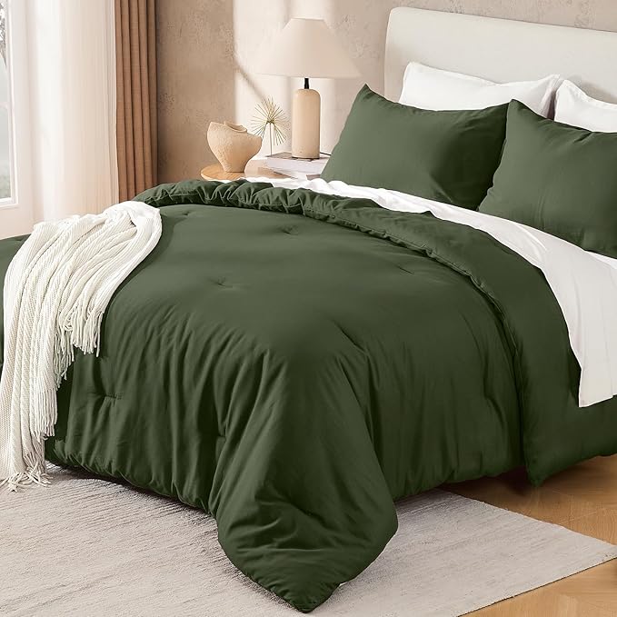 Andency Olive Green King Size Comforter Set, Solid Comforter Set 3 Pieces (1 Boho Comforter & 2 Pillowcases), Lightweight Fluffy Soft Vintage Olive Bed Comforter for All Season