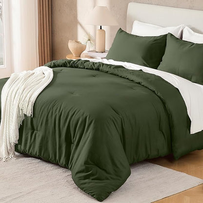 Andency Olive Green Full Size Comforter Set, Solid Comforter Set 3 Pieces (1 Boho Comforter & 2 Pillowcases), Lightweight Fluffy Vintage Olive Bed Comforter for All Season