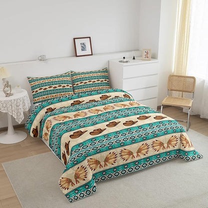 Feelyou Yellow Green Western Decor Bedding Set Southwestern Comforter Set Room Decor Cowboy Hat Feather Print Wild Western Cowboy Geometric Comforter Full Size Tribal Duvet Set 3Pcs
